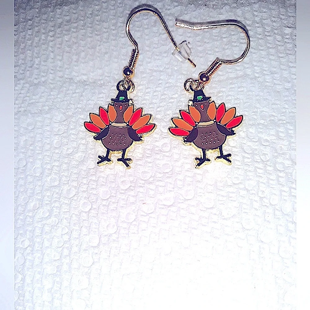 Thanksgiving Turkey Earrings Enamel Gold Pl Stainless Earwires Fall Birdie NEW